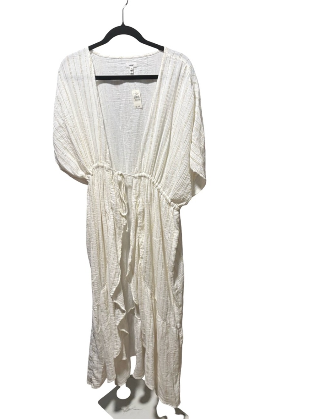 NWT Aerie Gold Lurex Stripe Gauze Maxi Swim Cover Up Kimono White L/XL